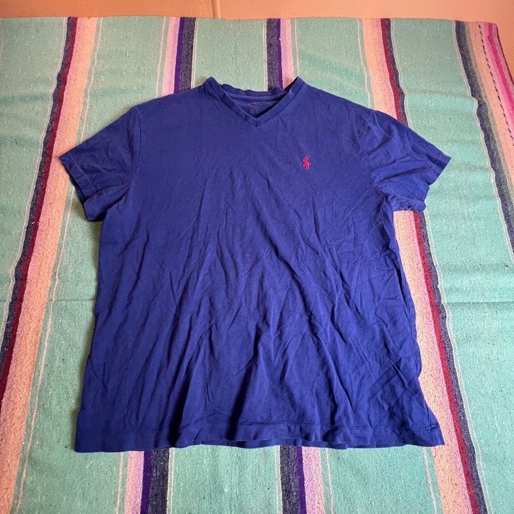 Polo Ralph Lauren T-Shirt Mens XL Blue V-Neck Cotton Short Sleeve Pony Logo Tee